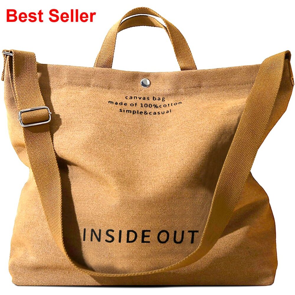 Large Canvas Tote Bag With Crossbody Strap, Multiple Pockets, 17x14x5.5